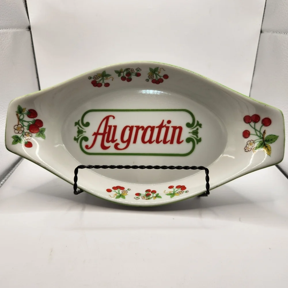 Vintage Cherries & Strawberries AuGratin Earthenware Oven to Table Baking Dish